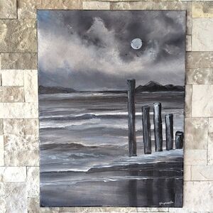 Gray Coastal Art, Original New Acrylic Painting 18X24 Canvas, Full Moon Over Sea